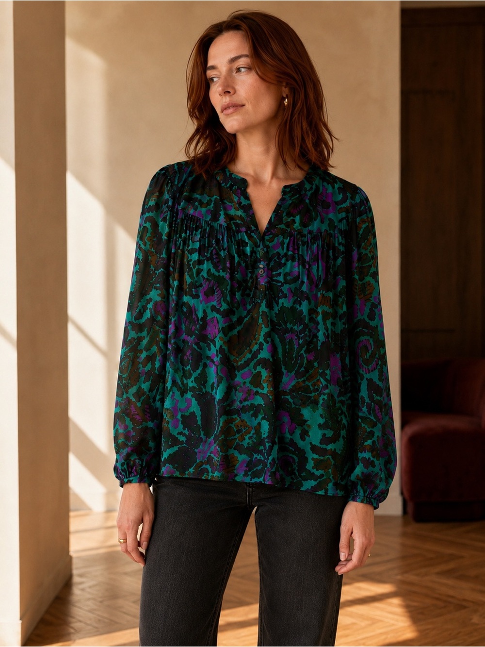 Velvet Graham Spencer Reeve Peasant Blouse Green Floral Small - Picture 3 of 16